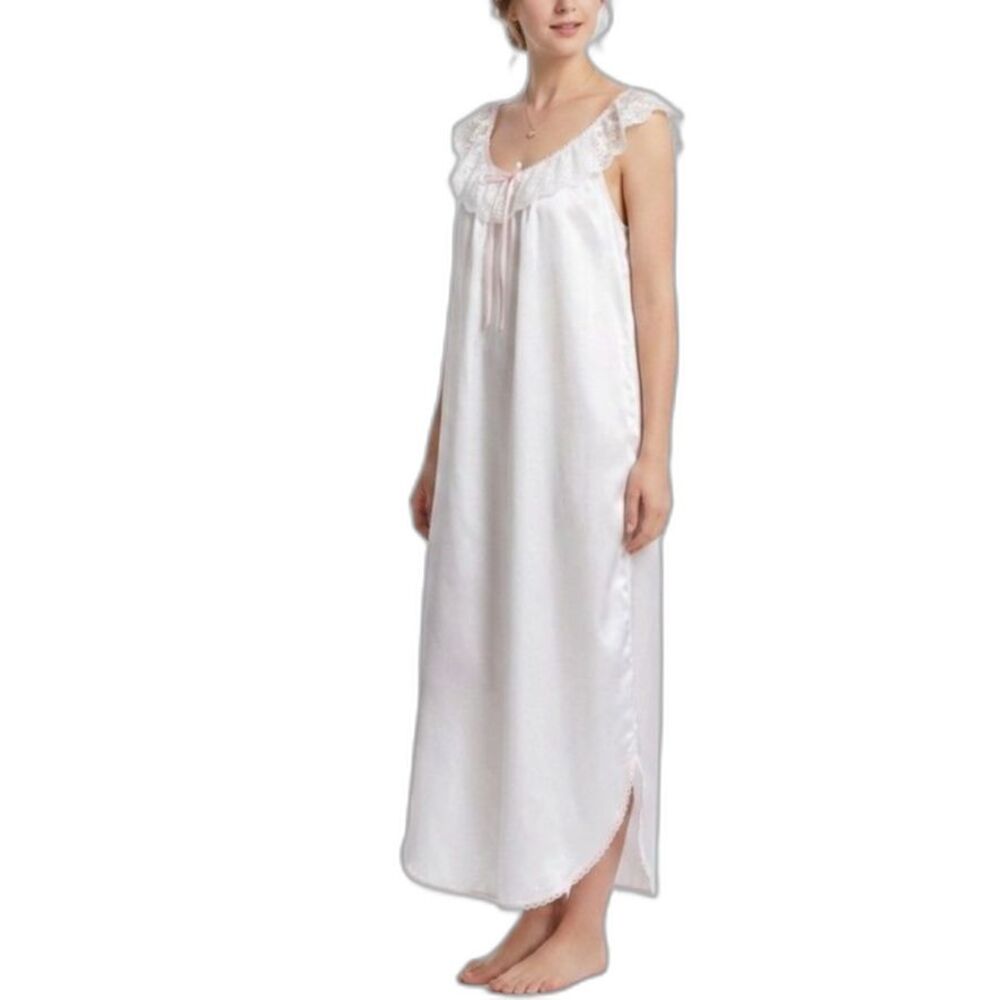 Barbazon White Satin Lace Pink Trim Sleeveless Long Vintage 80s Nightgown Size L